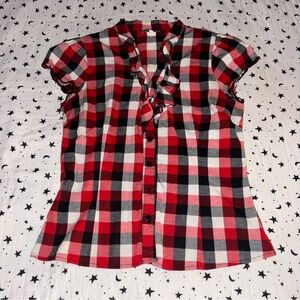 Celine red and black plaid blouse with ruffles. Size M.